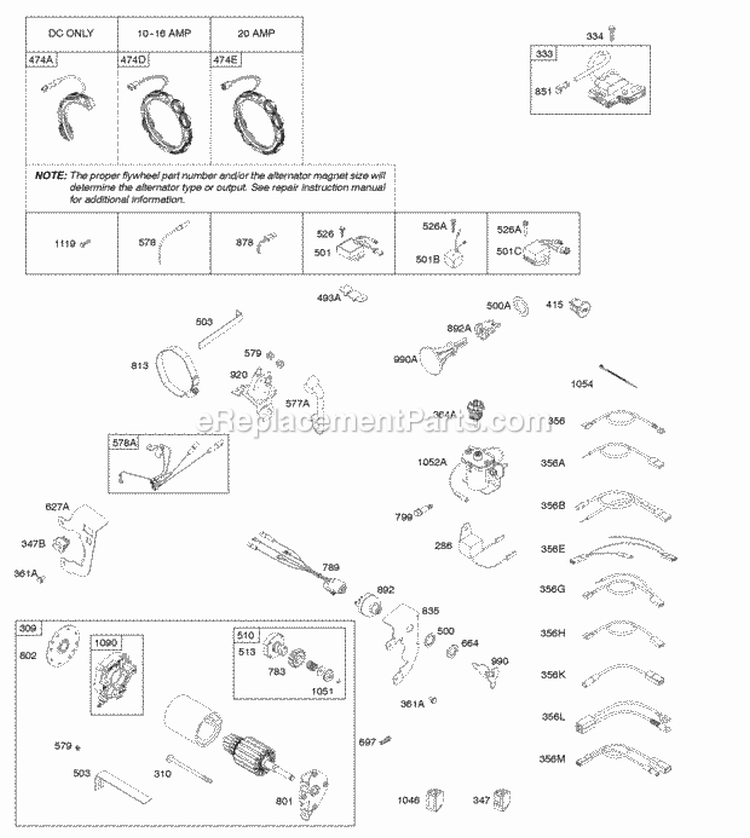 Alternator Electric Starter Ignition Diagram and Parts List for 21S232-1110-F1  Briggs and Stratton Engine